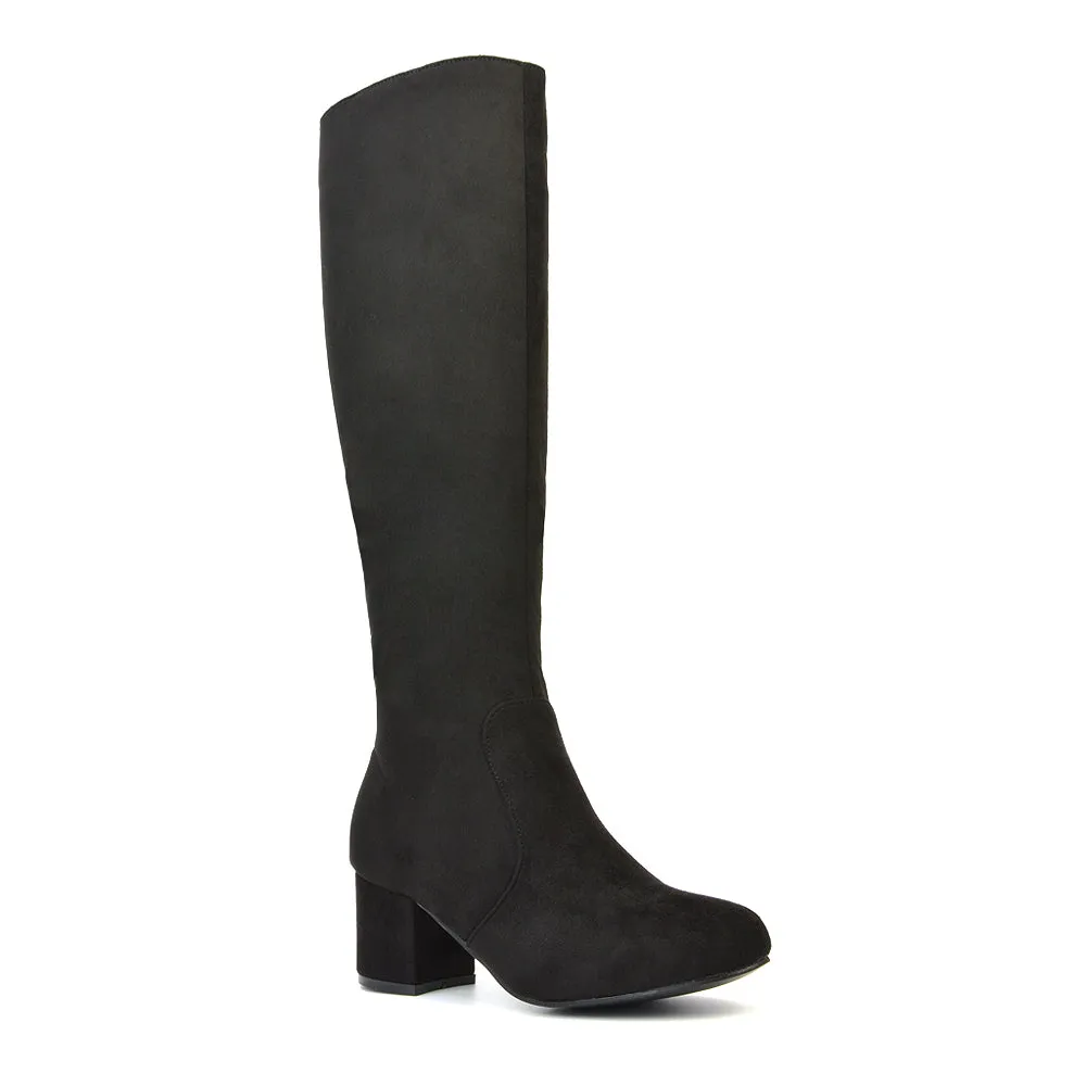 Honey Knee High Boots with Mid Block Heel and Inside Zip in Black Faux Suede