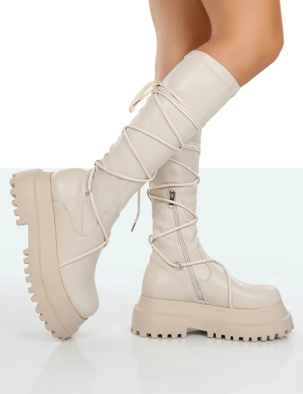 Hype Ecru Pu Lace up Chunky Sole Knee High Boots