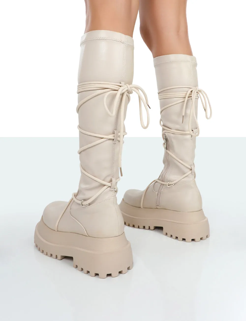 Hype Ecru Pu Lace up Chunky Sole Knee High Boots