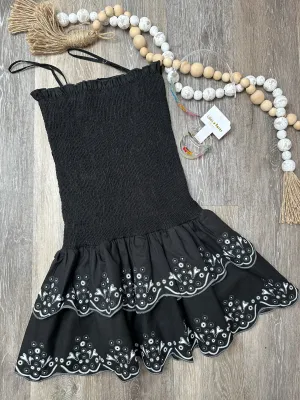 IFS Black Smocked Fitted Dress with Ruffle Tween