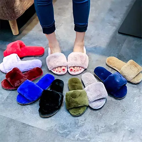 ILU Slipper For Women's Flip Flops Fur Winter Fashion House Slides Home Indoor Outdoor Blue Sandals