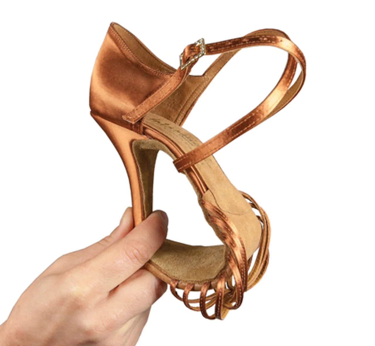 International Dance Shoes IDS Elena Ladies Tan Satin Latin Shoe with Interlaced Adjustable Strap ELENA in Stock