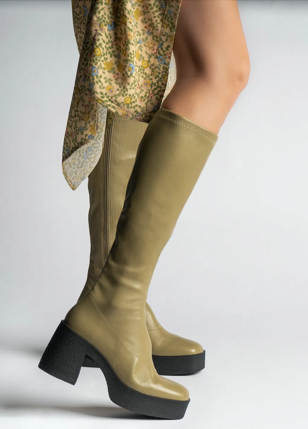 Izumi Khaki Stretch Leather Chunky Boots