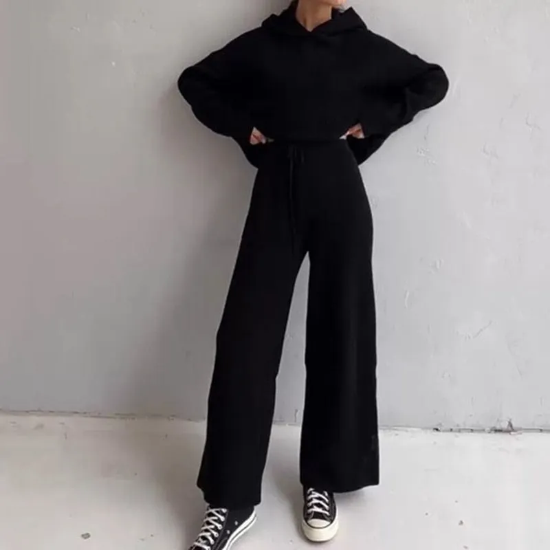 Joskaa Casual Knit Hoodied With Pocket Two Piece Sets Women Solid Long Sleeve Top Wide Leg Pant Outfit Streetwear Tracksuit New