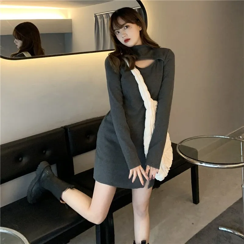 Joskaa hoco dresses Dress Women Black Mini Long Sleeve Turtleneck Side Split Korean Style Harajuku Punk Slinky Sexy Club Slim Fitness Ladies Fashion