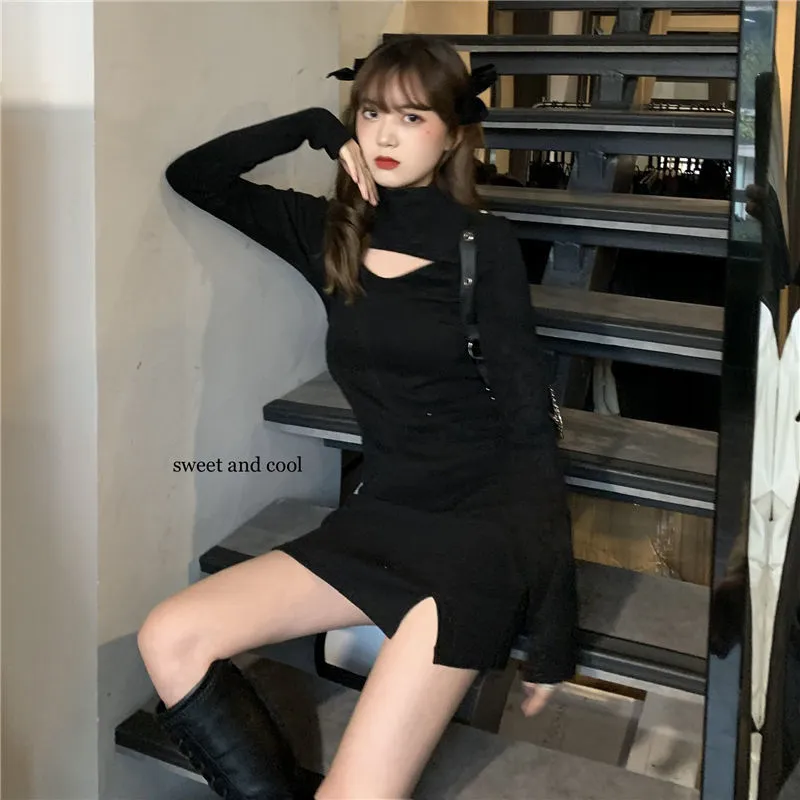 Joskaa hoco dresses Dress Women Black Mini Long Sleeve Turtleneck Side Split Korean Style Harajuku Punk Slinky Sexy Club Slim Fitness Ladies Fashion