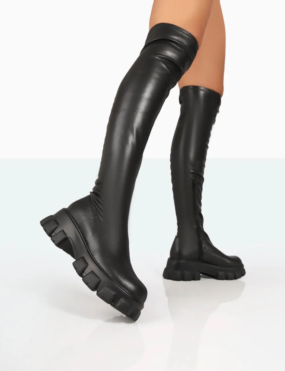 Junya Black PU Over The Knee Chunky Sole Boots