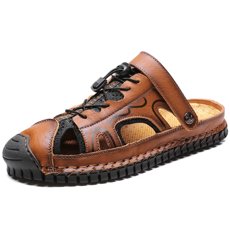 kkboxly kkboxly Men Cowhide Leather Two-Ways Breathable Closed Toe Non Slip Casual Outdoor Sandals