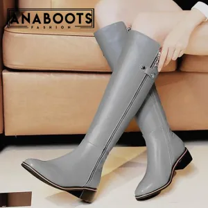 knee high genuine leather square heels riding boots