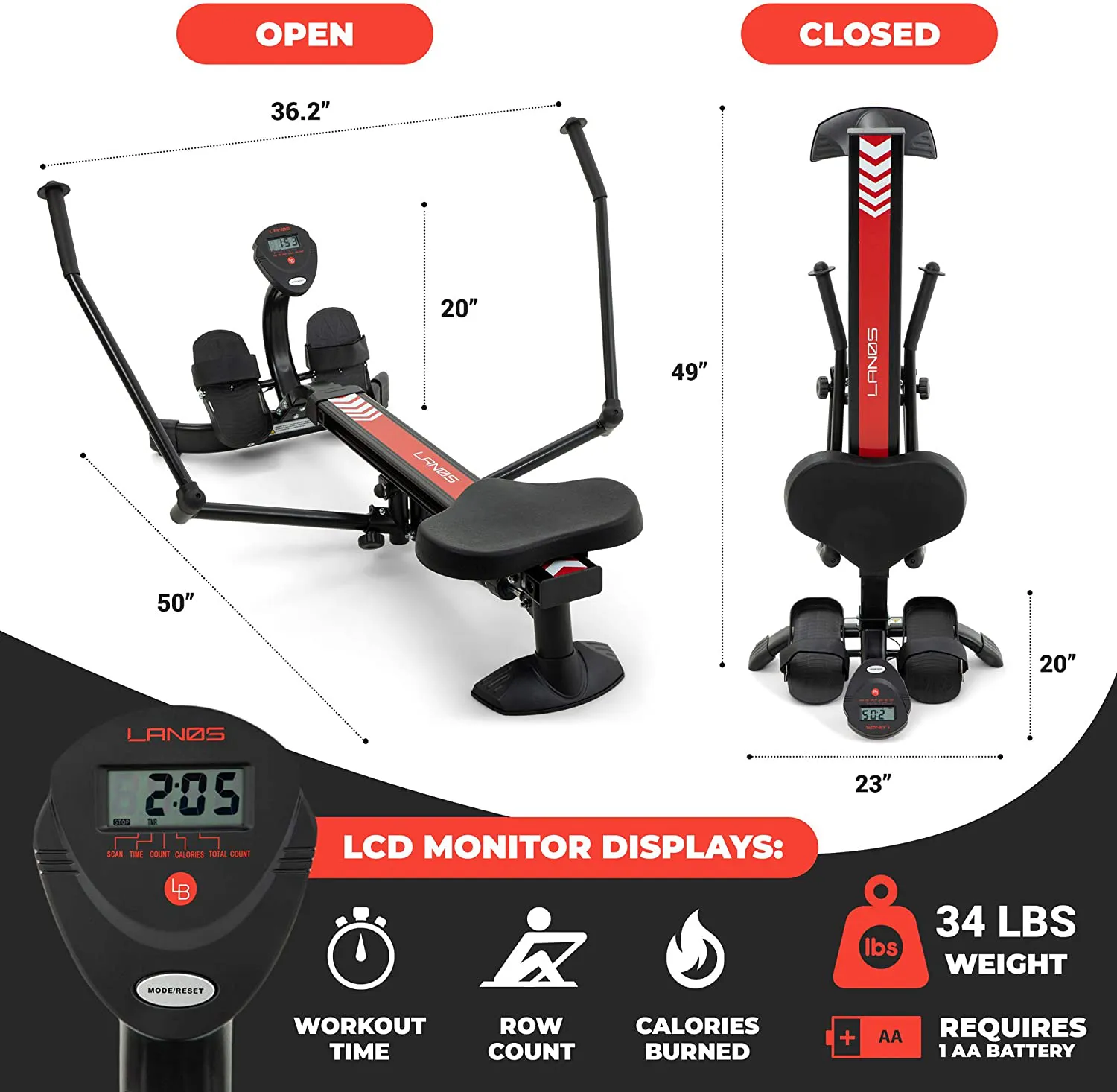 Lanos Hydraulic Rowing Machine | Adjustable Resistance | Smooth and Full-Motion Rowing Stroke | LCD Monitor | Compact for Home Workout | Tone Muscle Improve Heart Health