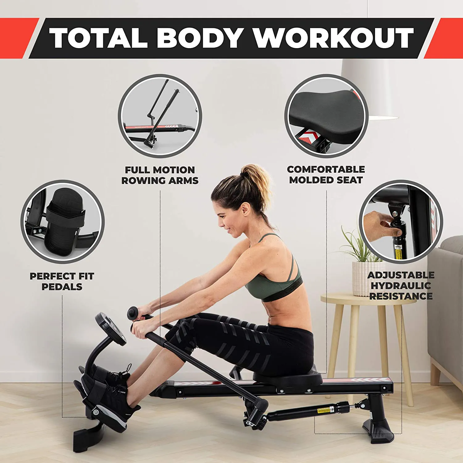 Lanos Hydraulic Rowing Machine | Adjustable Resistance | Smooth and Full-Motion Rowing Stroke | LCD Monitor | Compact for Home Workout | Tone Muscle Improve Heart Health