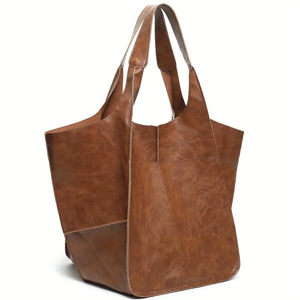 Large Capacity PU Retro Tote Bag - Spacious Stylish Handbag With Handy Front Pocket For Women