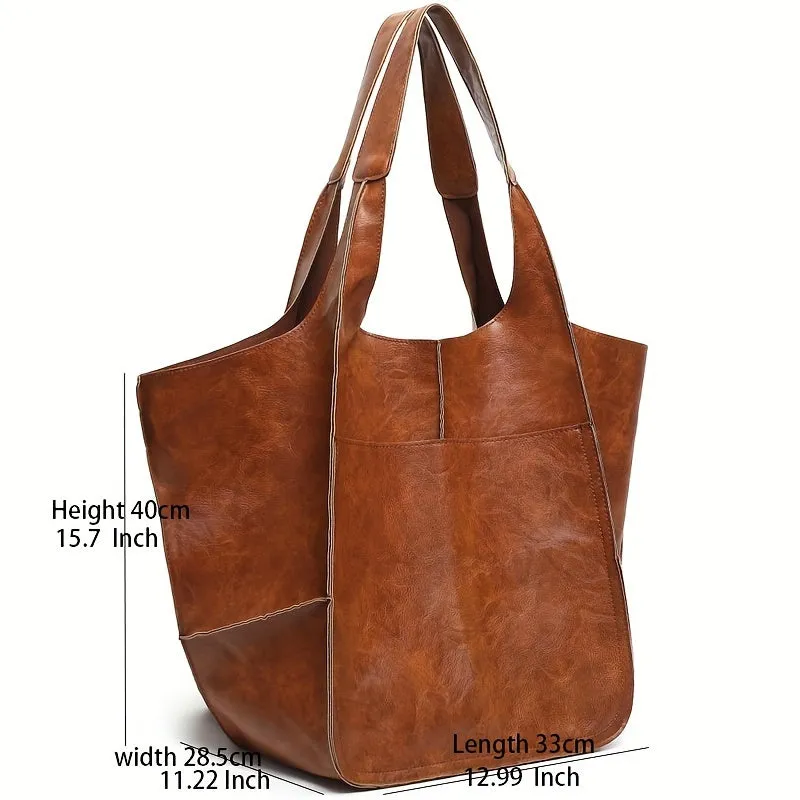 Large Capacity PU Retro Tote Bag - Spacious Stylish Handbag With Handy Front Pocket For Women