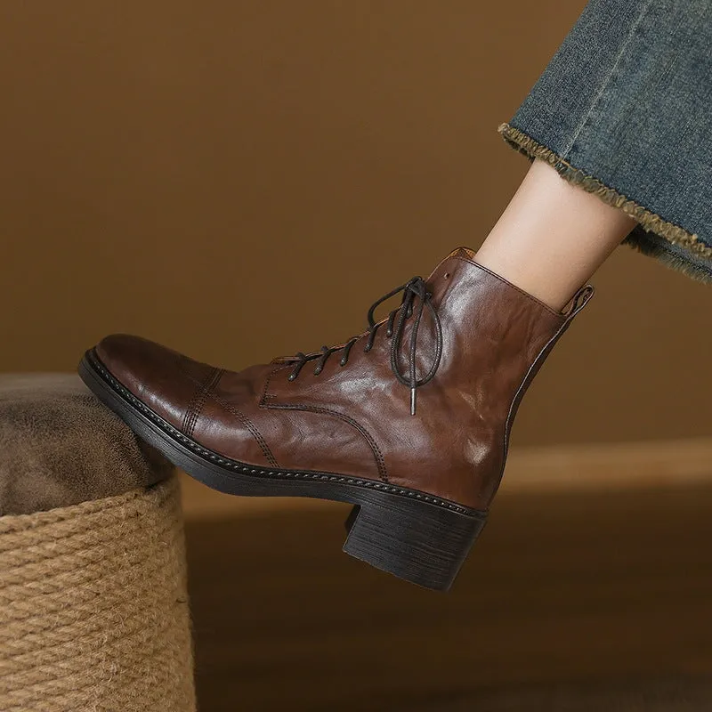 Leather Cap Toe Derby Boots Side Zip Block Heel in Brown/Black