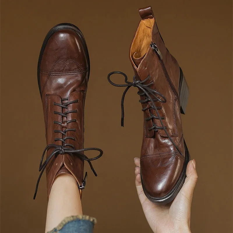 Leather Cap Toe Derby Boots Side Zip Block Heel in Brown/Black