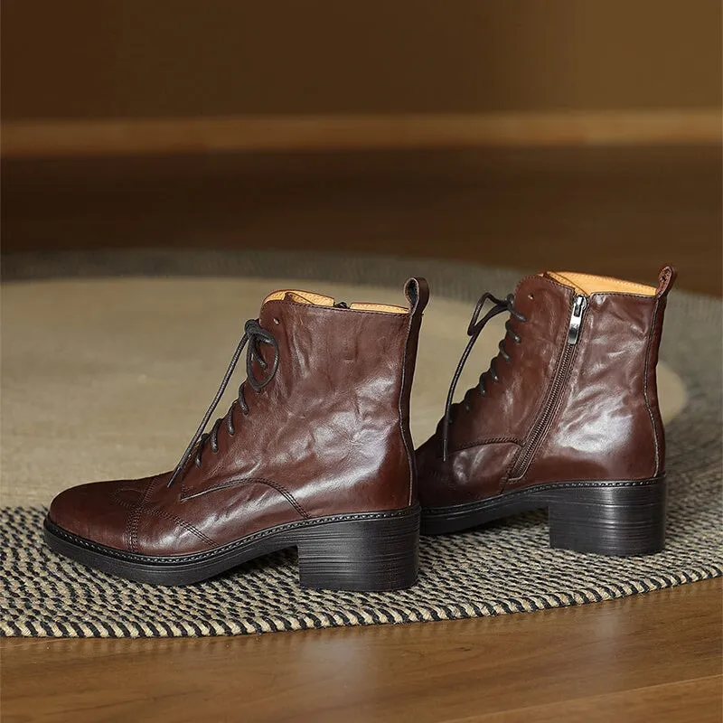 Leather Cap Toe Derby Boots Side Zip Block Heel in Brown/Black