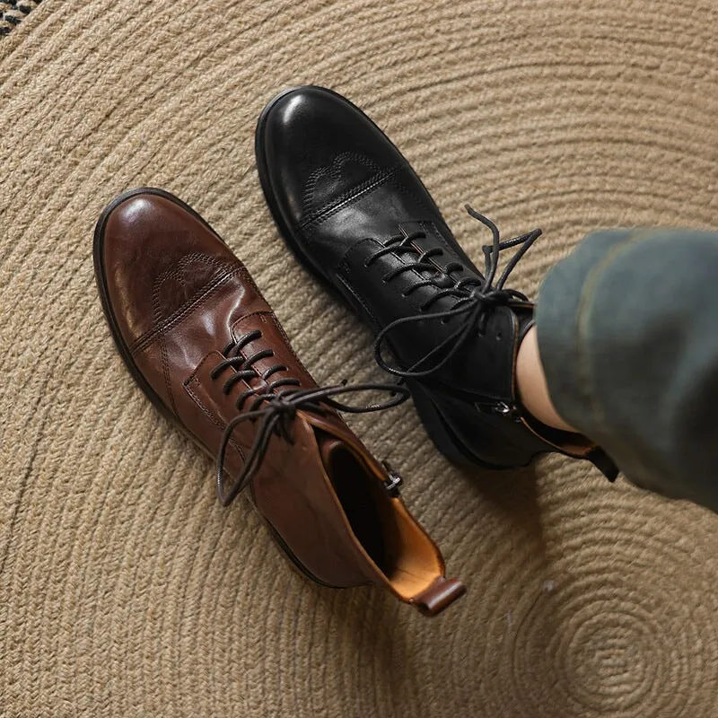 Leather Cap Toe Derby Boots Side Zip Block Heel in Brown/Black