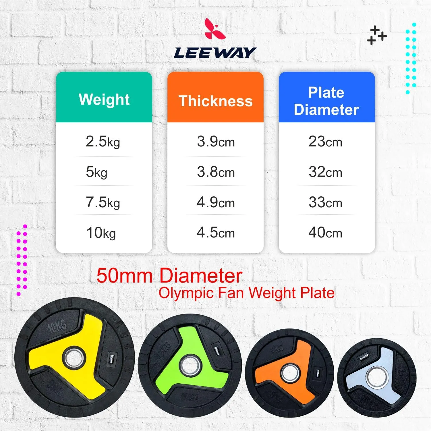 LEEWAY Fan design Rubber Weight Plates with 50 mm Dia(100kg Set)| Olympic Rubber Weight Plates| Rubber Weight| Spare Gym Weight| Barbell Weight Plate (Fan Plate 100 kg Set (2.5X4 5X4 7.5X4 10X4))