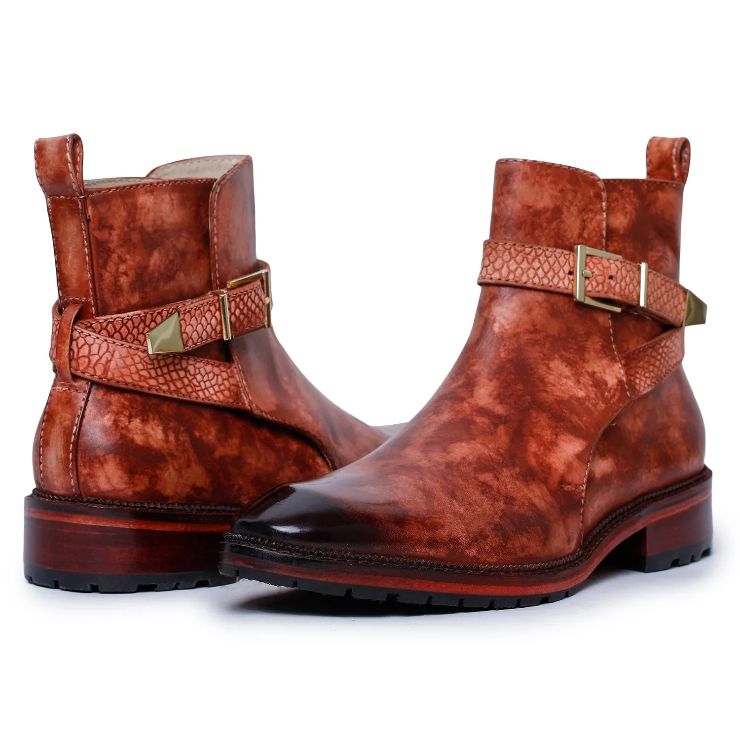 Mens Cross Strap Boots- Reddish Brown