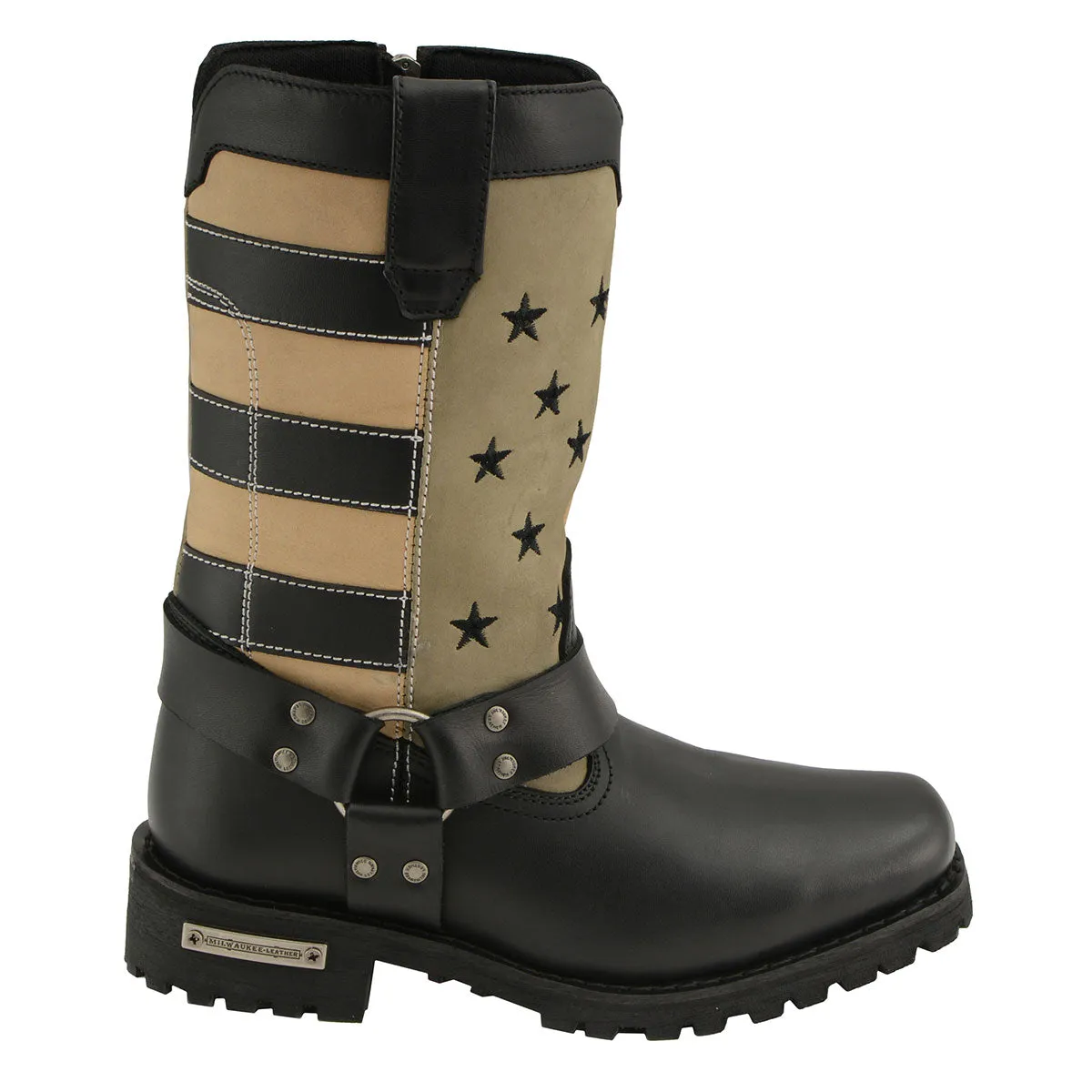 Milwaukee Leather MBL9363 Women’s Stars and Stripes Black with Tan Leather Motorcycle Rider Harness Boots