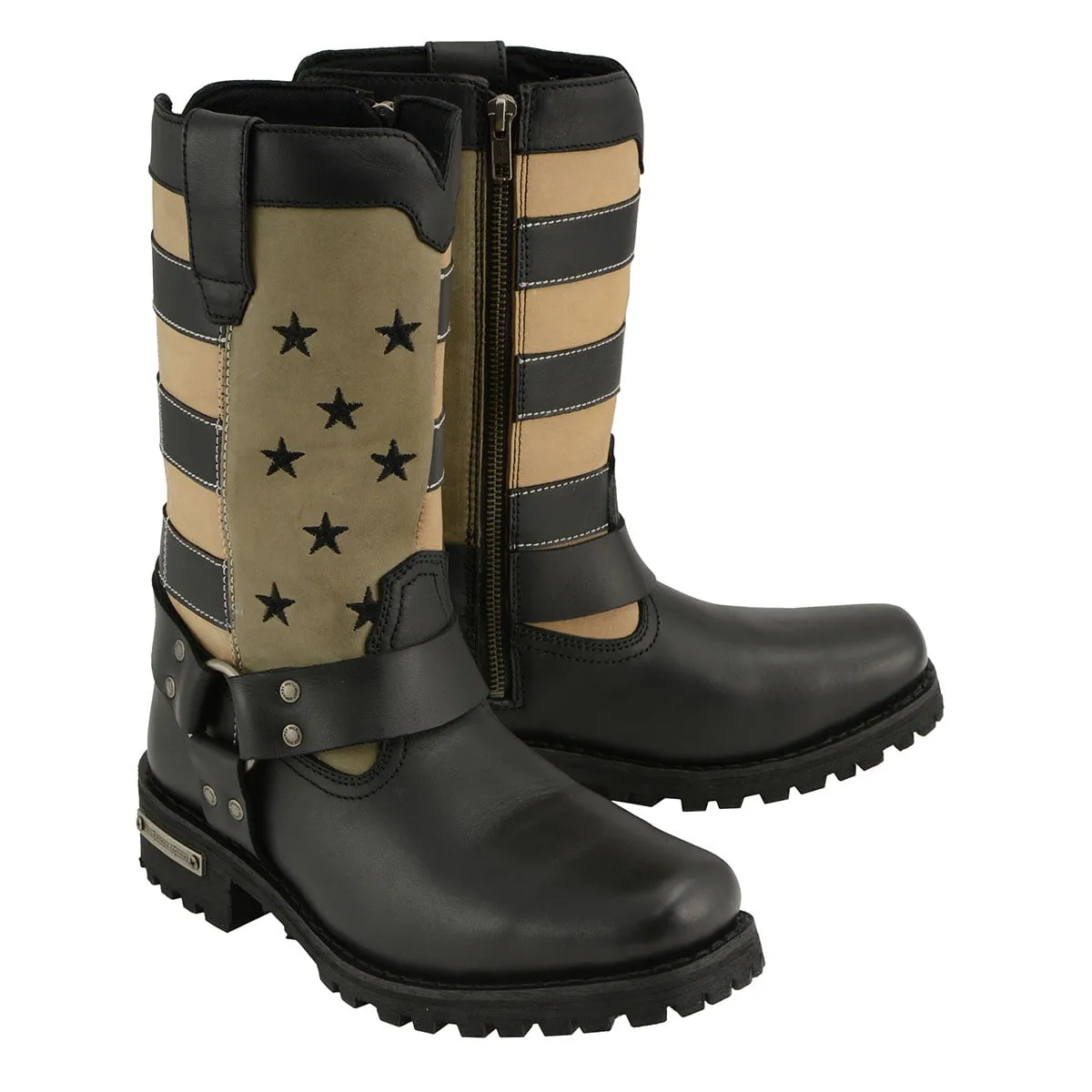 Milwaukee Leather MBL9363 Women’s Stars and Stripes Black with Tan Leather Motorcycle Rider Harness Boots