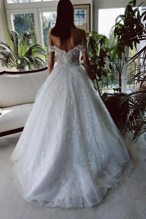 Off The Shoulder Tulle White Appliques Wedding Dresses With Beading WD579