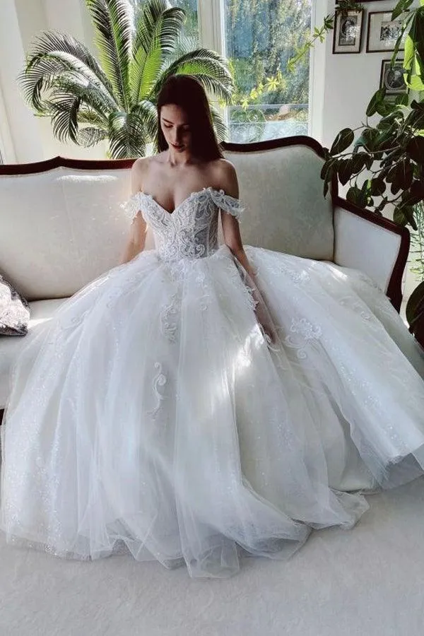 Off The Shoulder Tulle White Appliques Wedding Dresses With Beading WD579