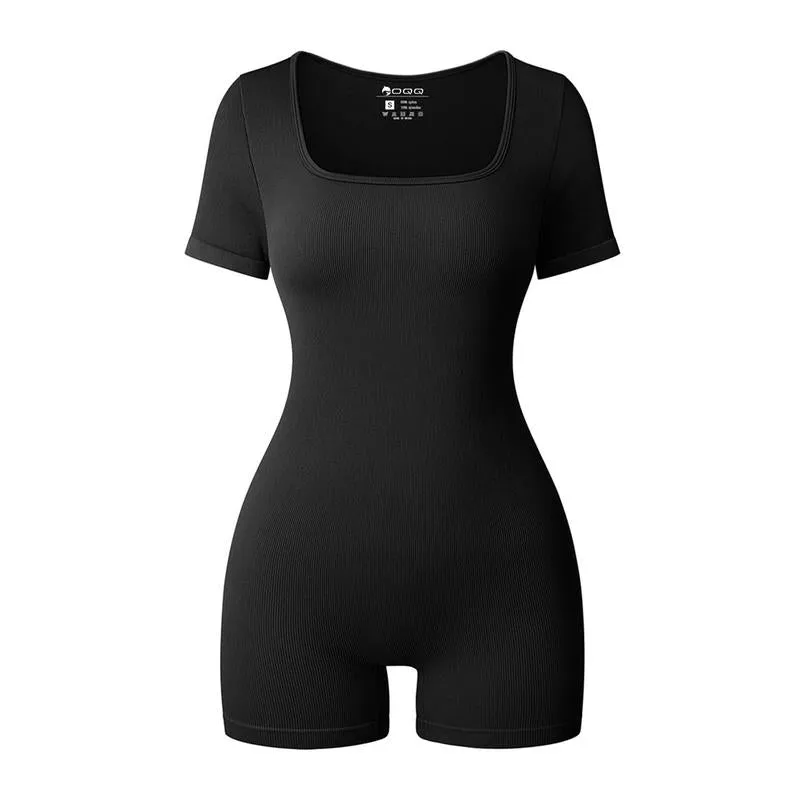 Oqq-Nine Cents Women’S Yoga Rompers Workout Ribbed Short Sleeve Square Neck Sports Jumpsuits