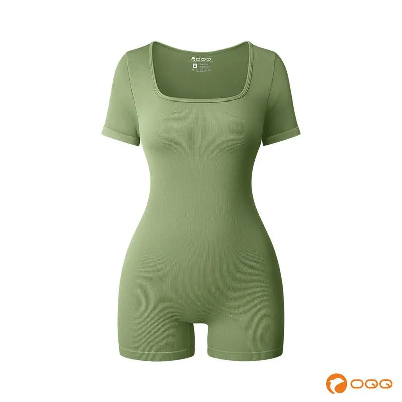 Oqq-Nine Cents Women’S Yoga Rompers Workout Ribbed Short Sleeve Square Neck Sports Jumpsuits