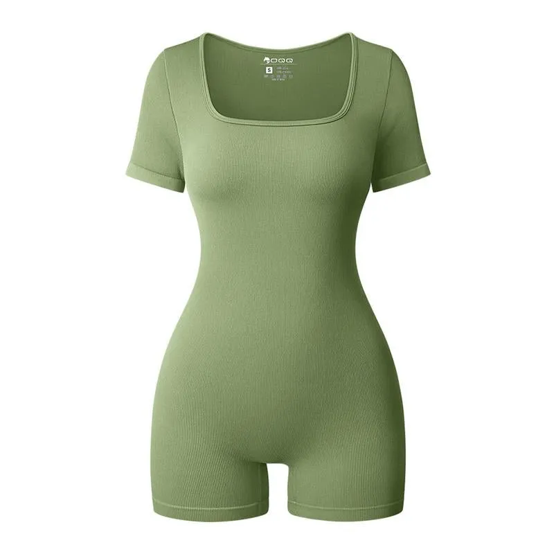 Oqq-Nine Cents Women’S Yoga Rompers Workout Ribbed Short Sleeve Square Neck Sports Jumpsuits