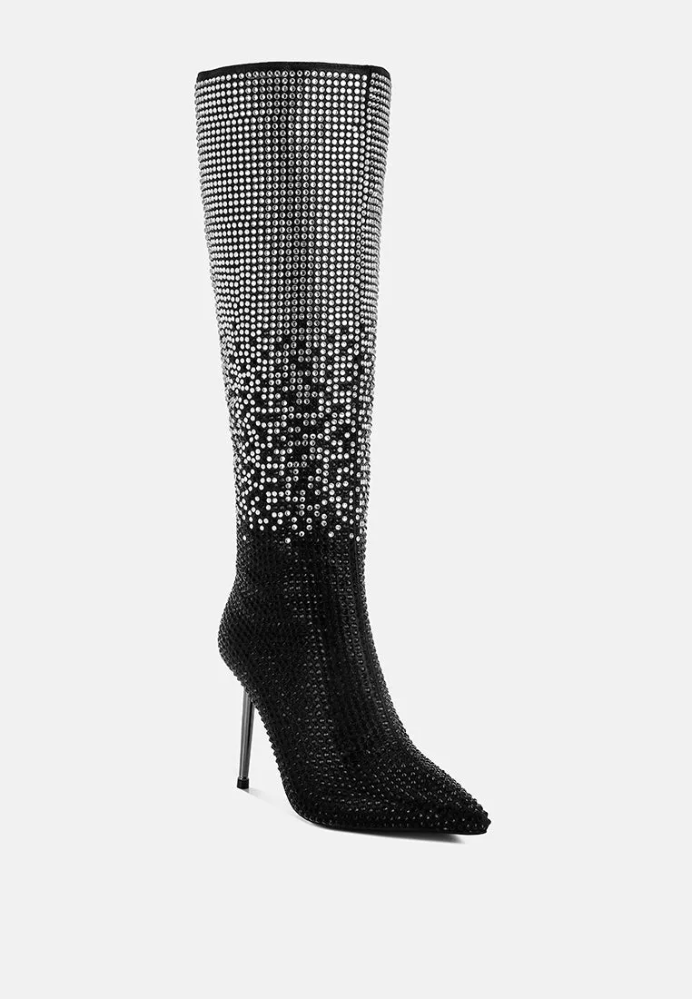 Orymple Shiny Rhinestone Studded Calf Boots