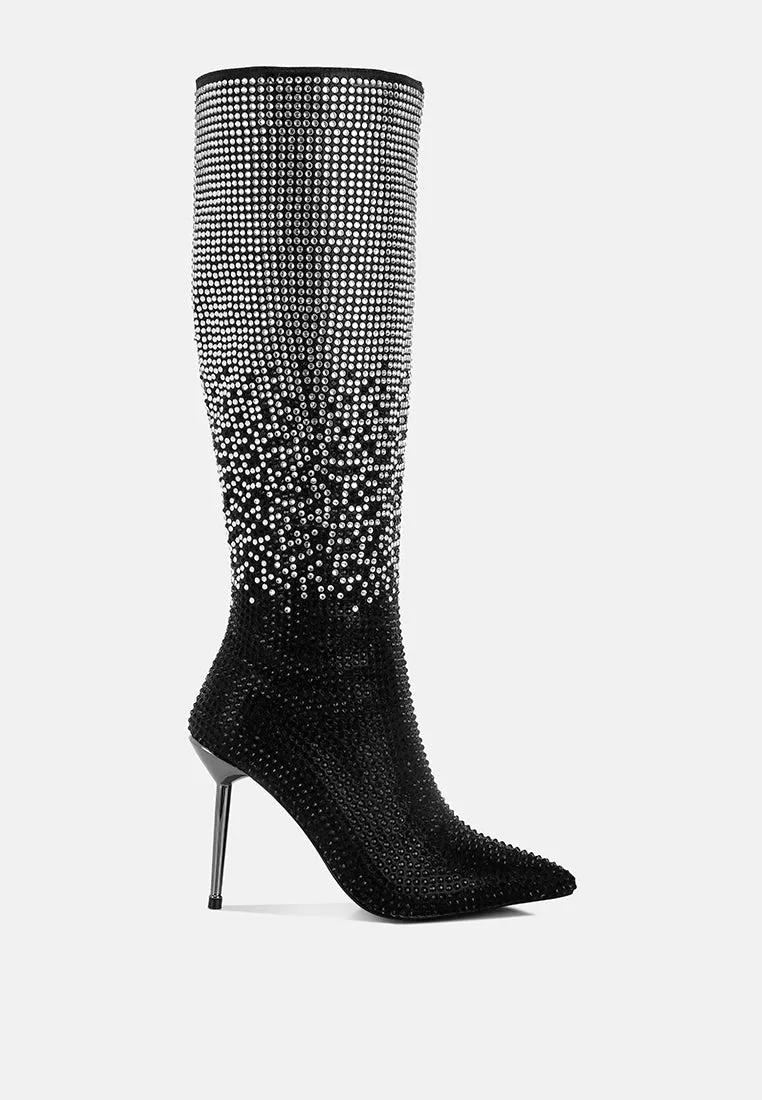 Orymple Shiny Rhinestone Studded Calf Boots