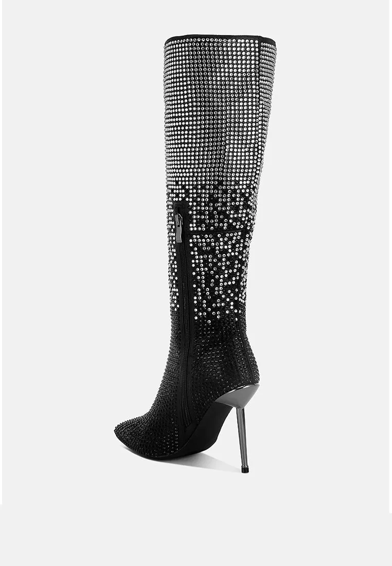 Orymple Shiny Rhinestone Studded Calf Boots