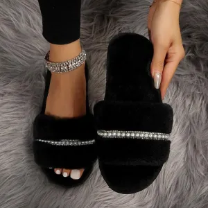 Outdoor Fashion Solid Color Flat Beaded Decorative Fur Slippers