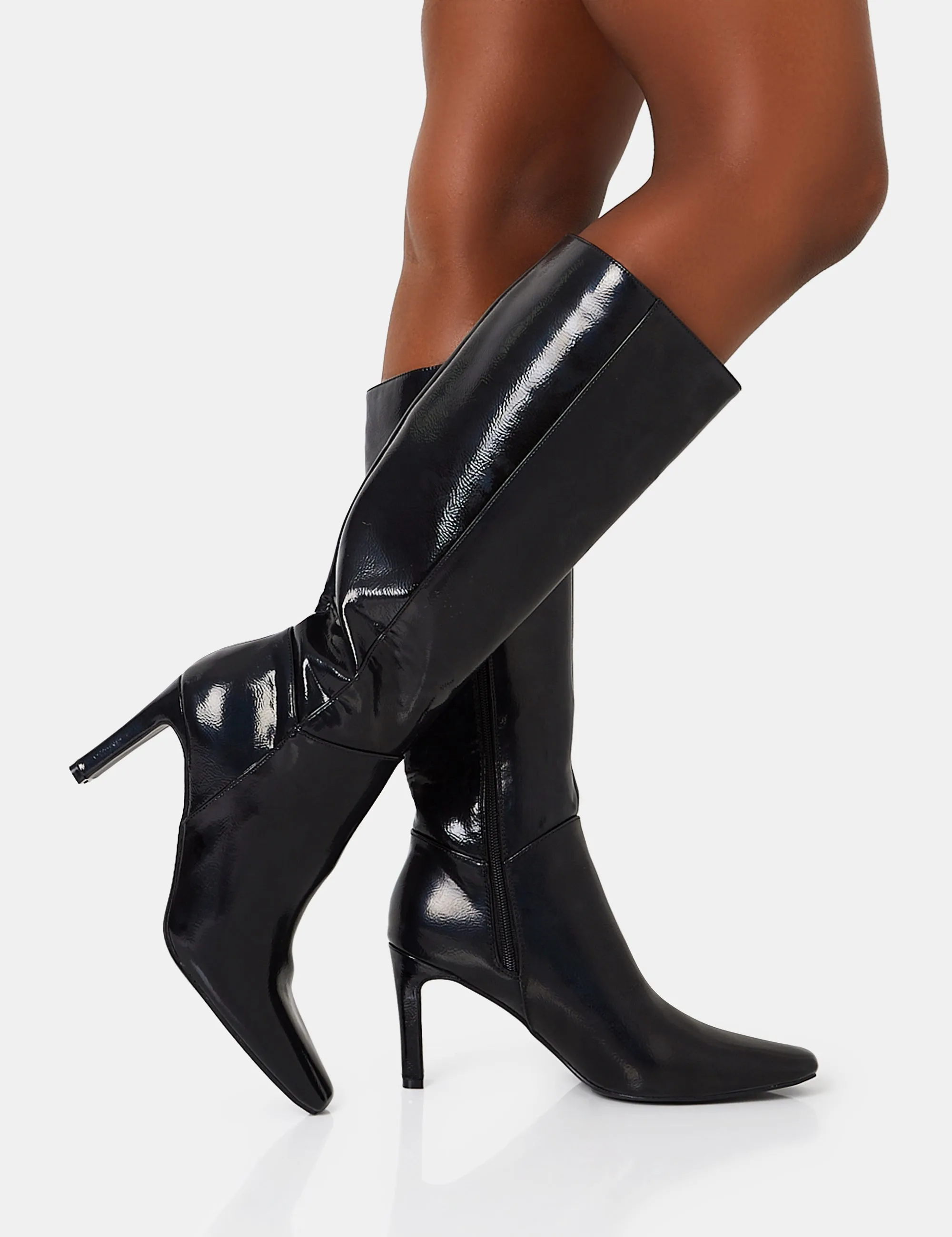 Pose Black Textured Pu Zip Up Knee High Slim Block Heeled Boots