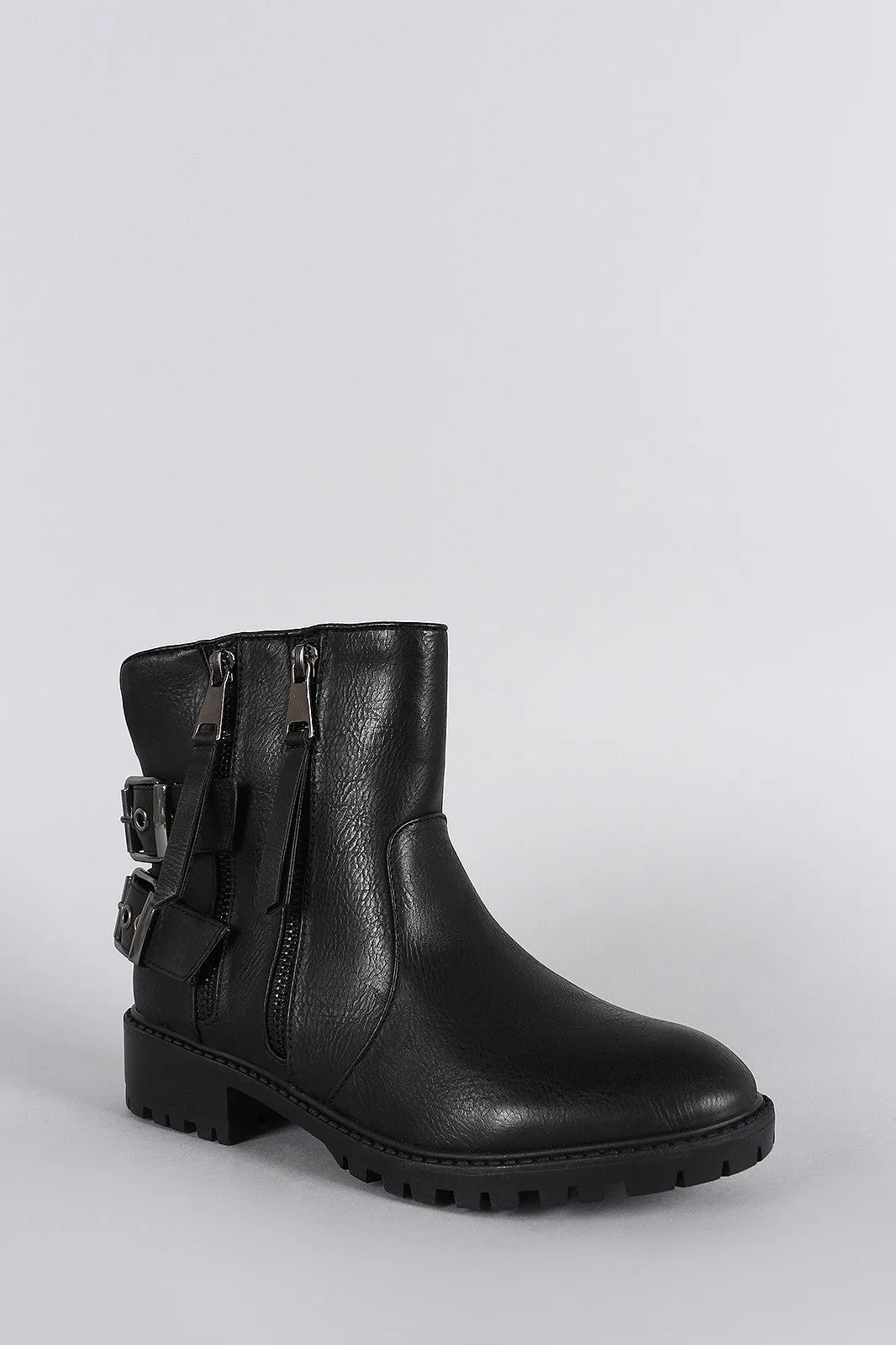 Qupid Burnished Double Zipper Buckle Round Toe Ankle Boots