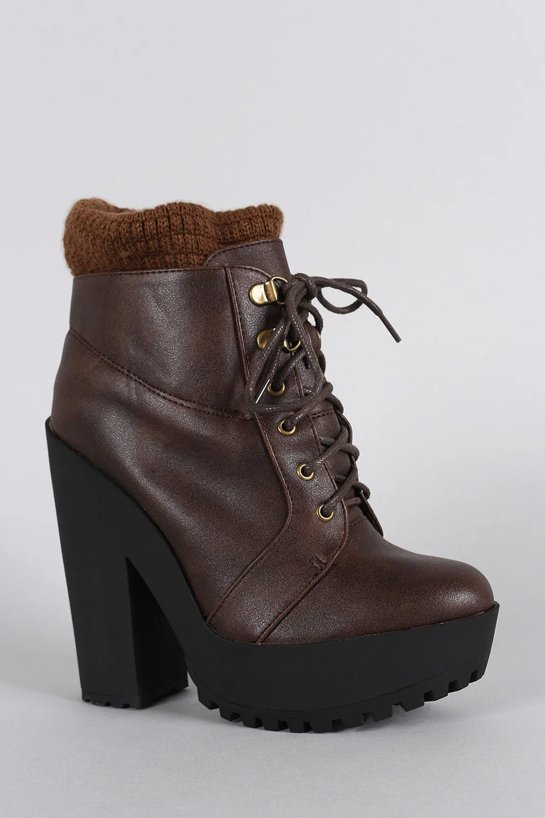 Qupid Sweater Cuff Lace Up Lug Sole Contrast Platform Heeled Combat Ankle Boots