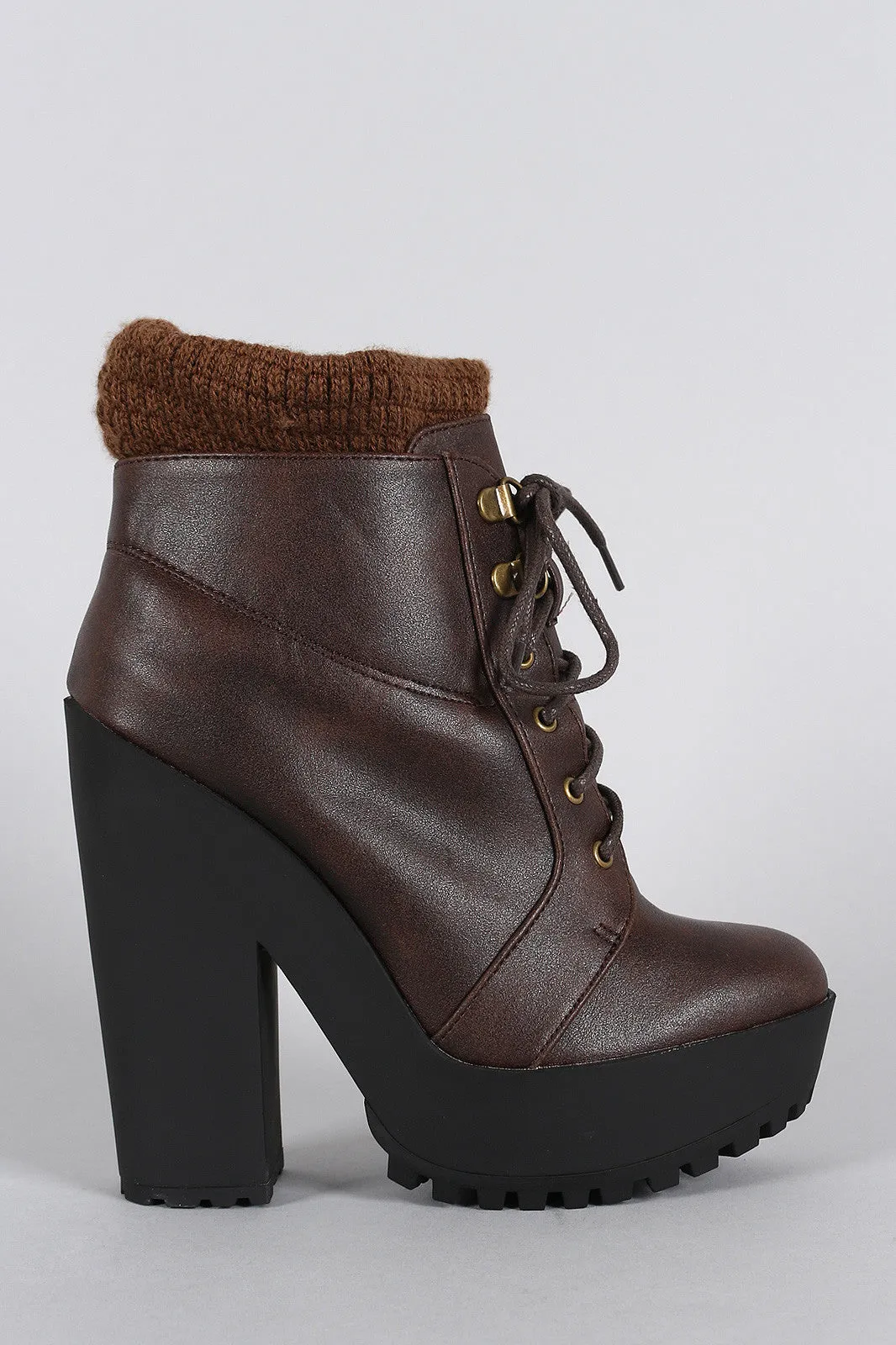 Qupid Sweater Cuff Lace Up Lug Sole Contrast Platform Heeled Combat Ankle Boots