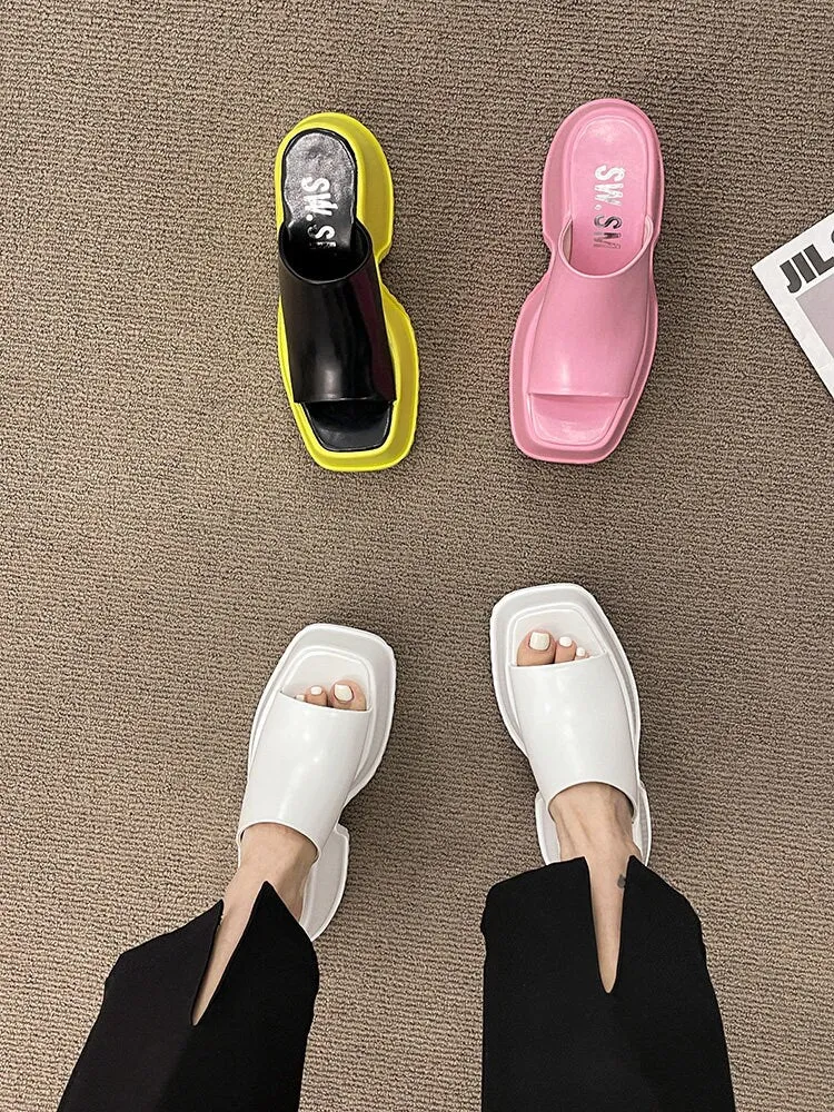 Retro Platform Slides for Women, Stylish Heeled Slippers, White Glossy Creeper Heels, Pink Peep Toe Platform Pumps, Square Toe Shoes