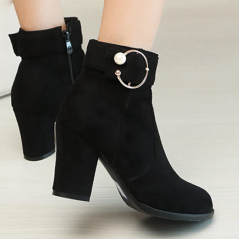 Round toe block heels booties with ankle buckle strap