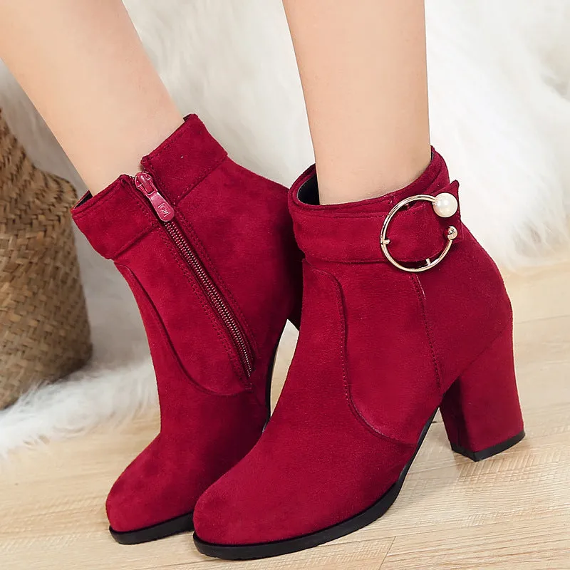 Round toe block heels booties with ankle buckle strap