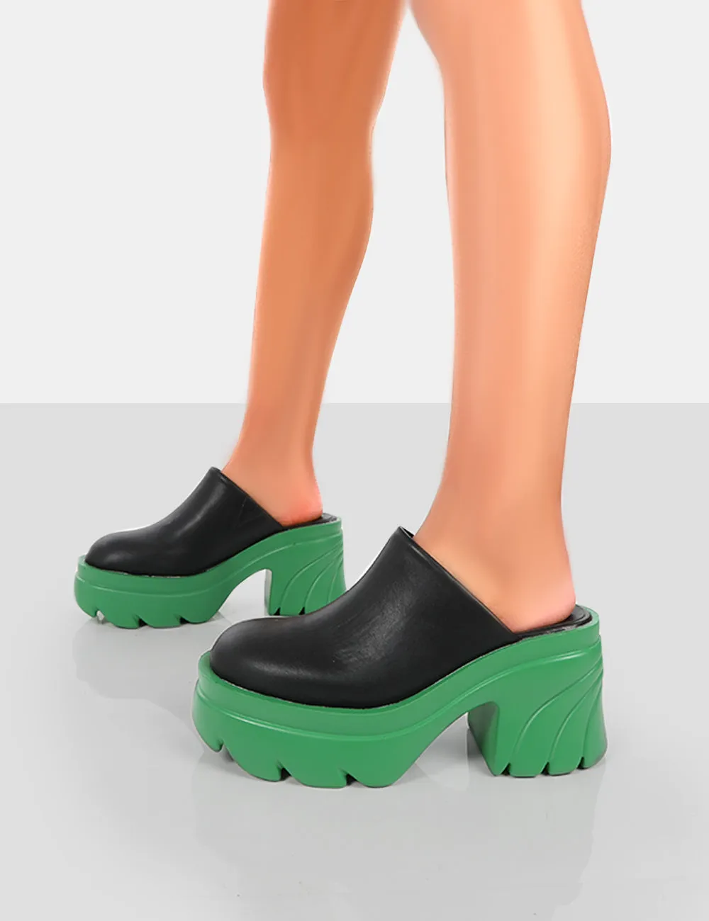 Sandi Green PU Chunky Sole Block Heeled Mules