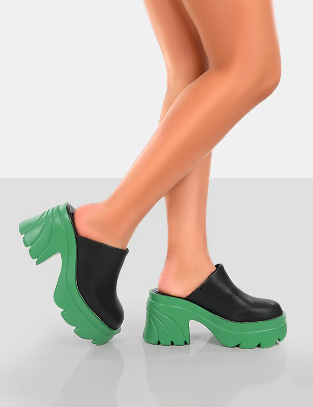 Sandi Green PU Chunky Sole Block Heeled Mules