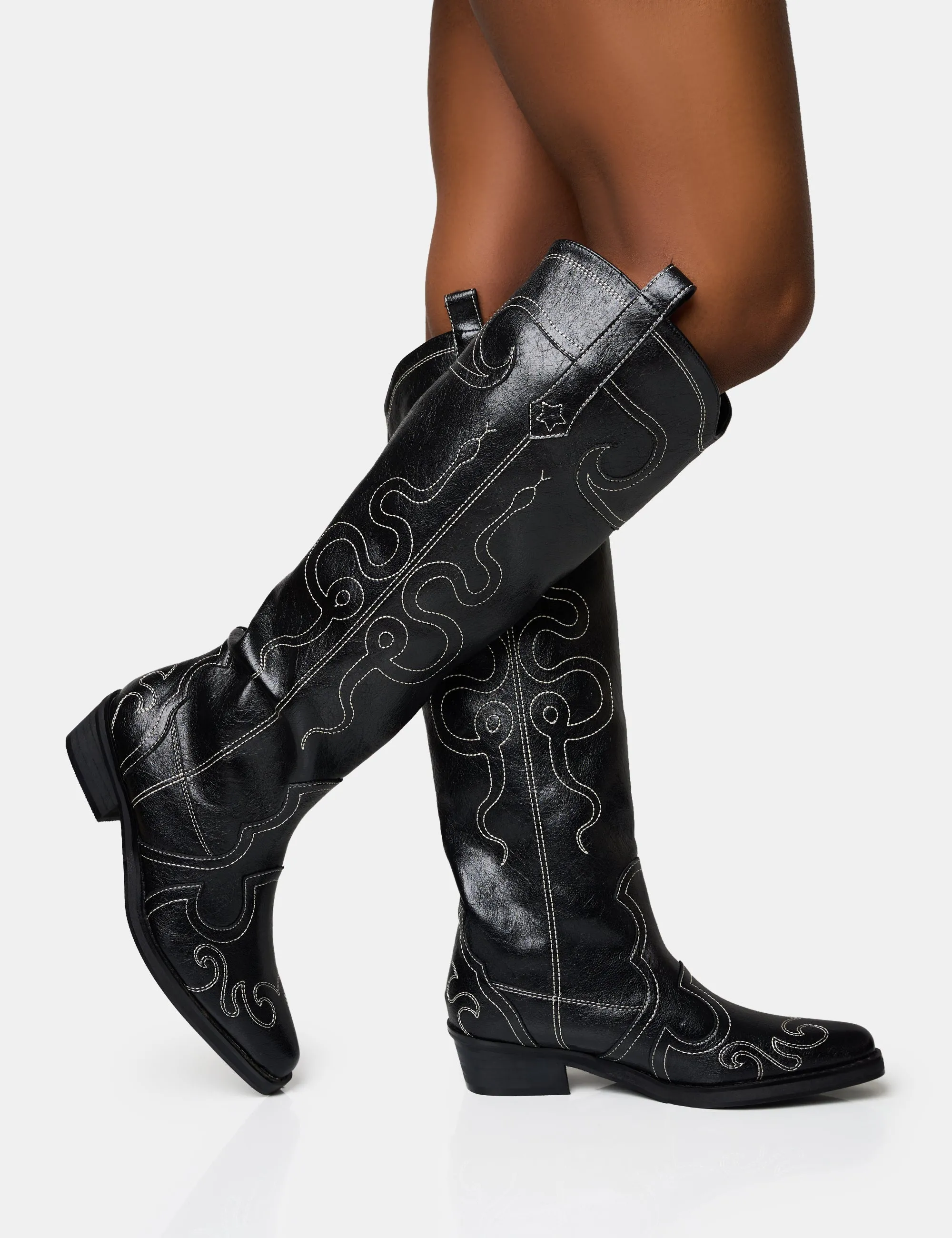 Serpentine Black Snake Embroidered Flat Knee High Western Boots