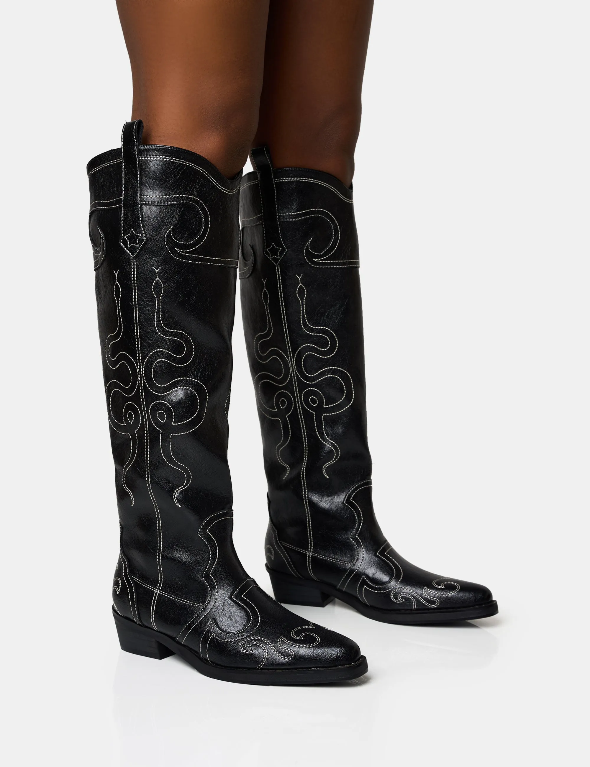 Serpentine Black Snake Embroidered Flat Knee High Western Boots