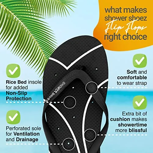 Shower Shoez Women's Non-Slip Pool Dorm Water Sandals Flip Flops (7-8, Black/White)