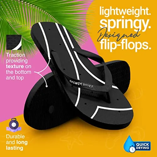 Shower Shoez Women's Non-Slip Pool Dorm Water Sandals Flip Flops (7-8, Black/White)