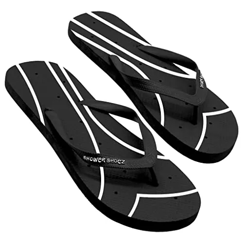 Shower Shoez Women's Non-Slip Pool Dorm Water Sandals Flip Flops (7-8, Black/White)