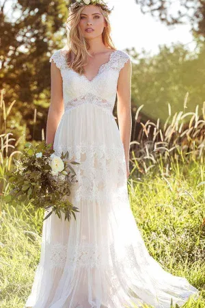 Simple A-Line V-Neck Bohemian Lace Rustic Bridal Gown Wedding Dress WD434