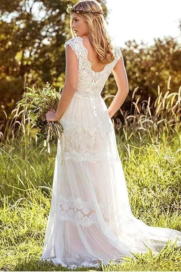 Simple A-Line V-Neck Bohemian Lace Rustic Bridal Gown Wedding Dress WD434